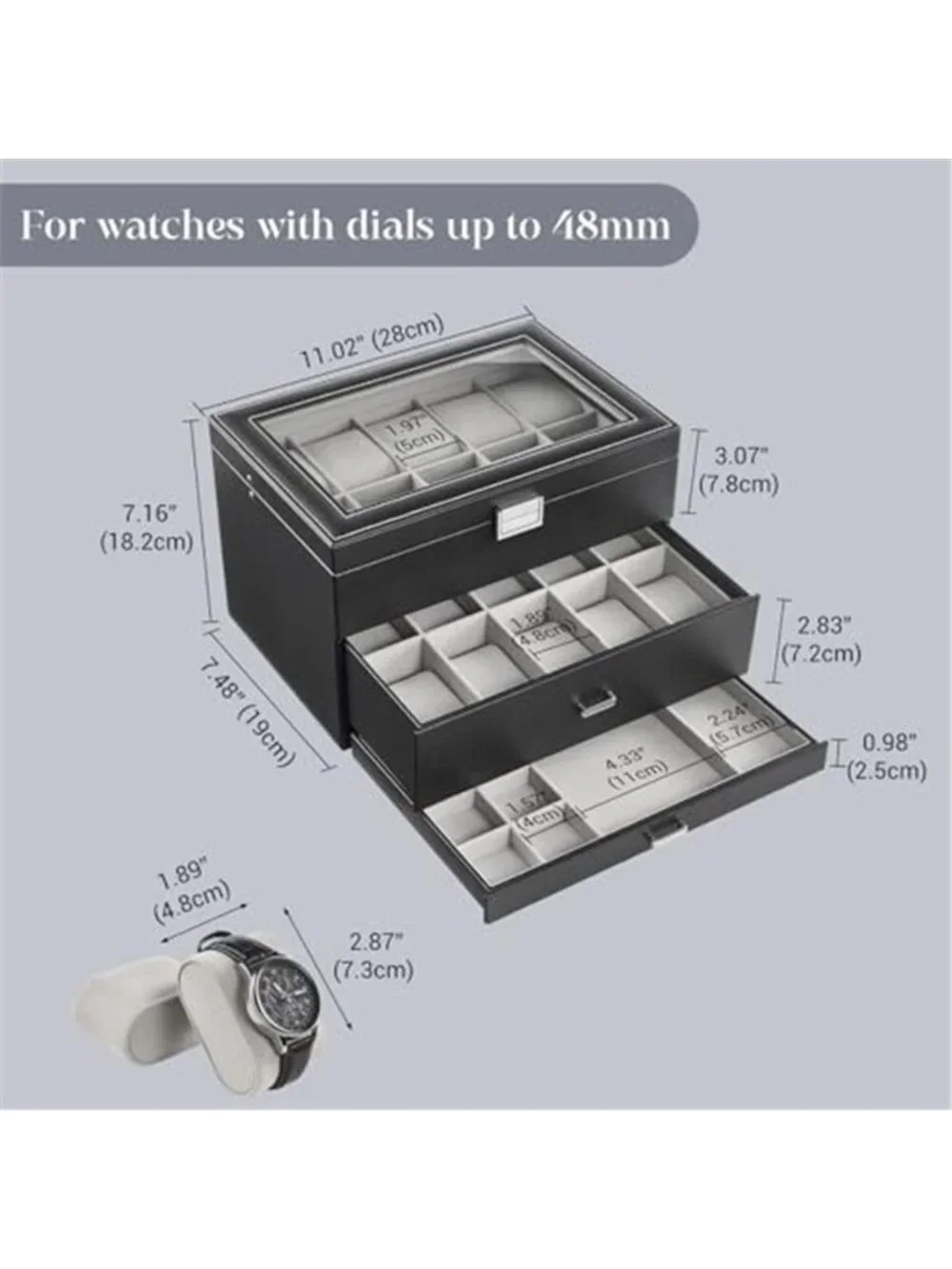 3-Layer Watch Box with Glass Lid for Men, 20-Slot, Black | PU Outer,